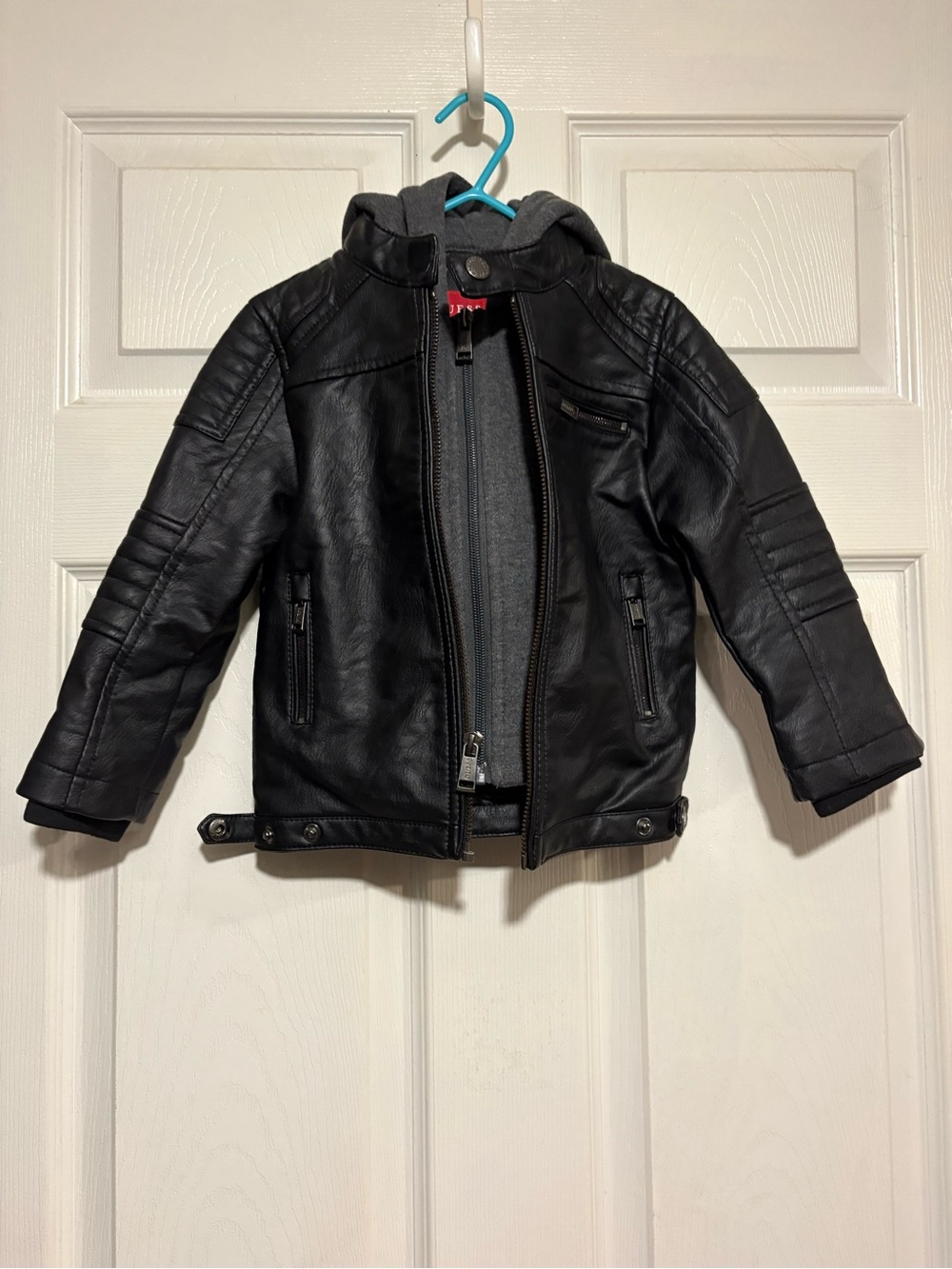 Guess Kids Black Faux Leather Jacket with Gray Hood
